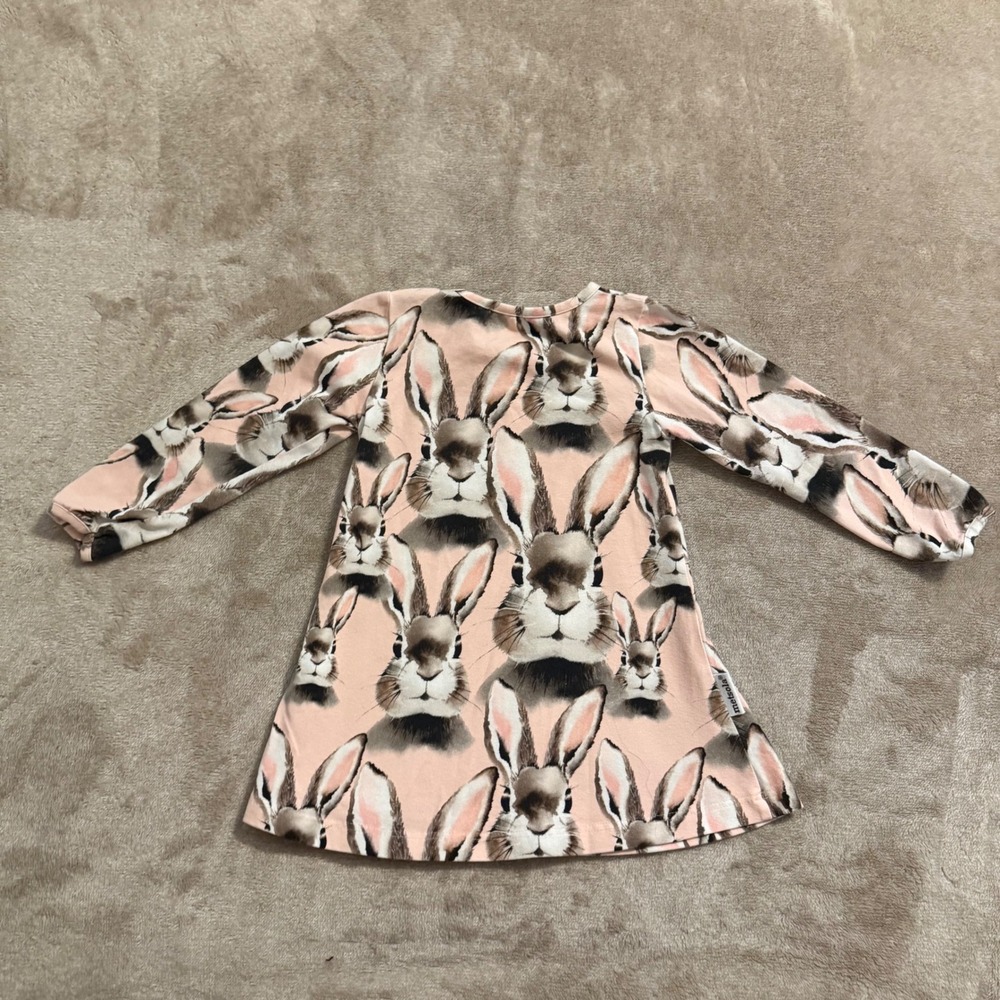Metsola Kids Bunny Rabbit Print Organic Cotton Long Sleeve Dress Pink 86/92 - Picture 2 of 5